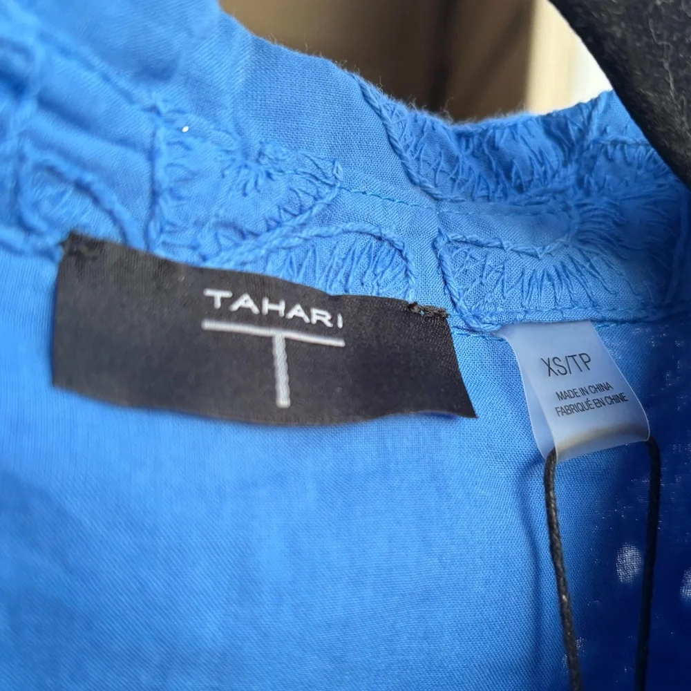 🆕 Tahari Spring Blue Embroidered Shirt Dress XS Belted Button Front Midi Cotton - Picture 15 of 17